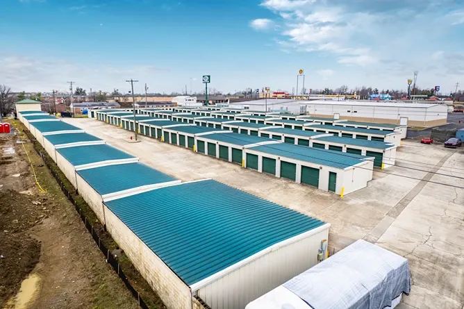 Aerial view of rows of storage units at Osprey Storage Richmond facility.