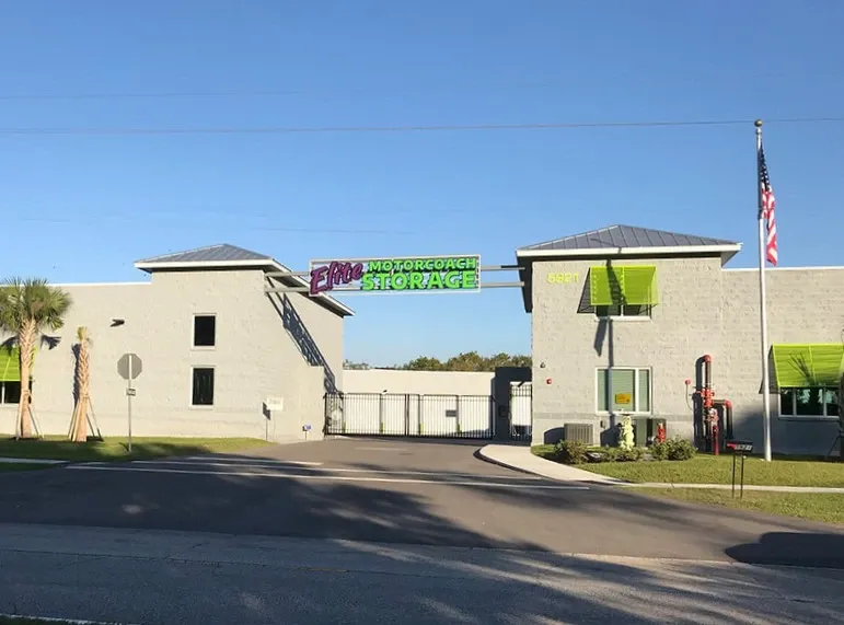 Exterior of signage at Elite Motorcoach Storage.