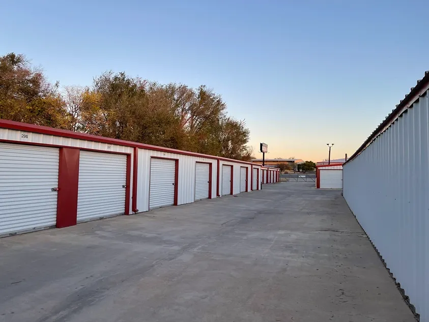 Exterior of outdoor storage at MRC Self Storage facility with paved roads.