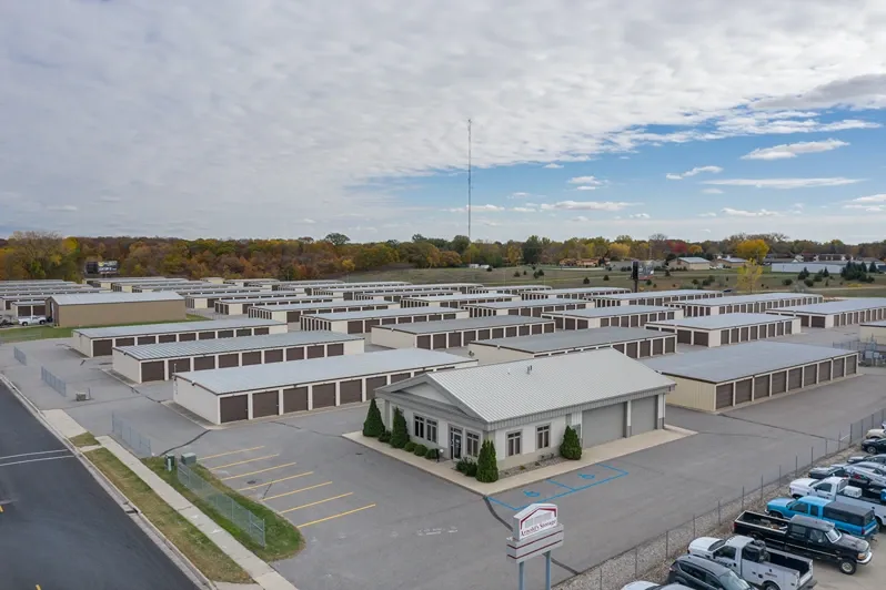 Clean facility grounds and drive-up unit rows at Osprey Storage Mankato.