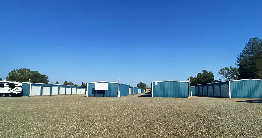 Exterior of storage units at Tehama Mini Storage facility.