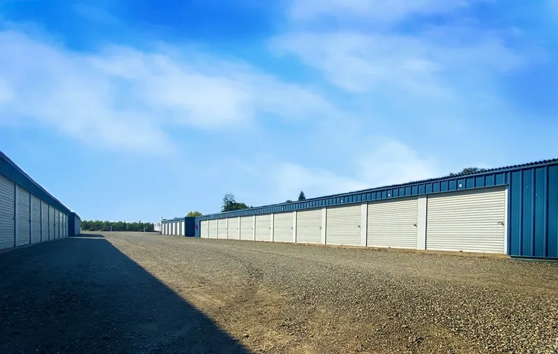 Exterior of storage units at Tehama Mini Storage facility.
