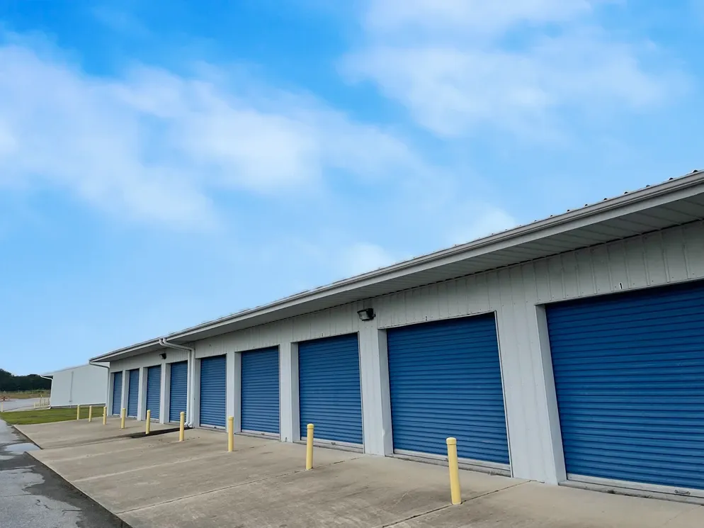 Exterior of outdoor storage units at Woodridge Mini Storage facility.